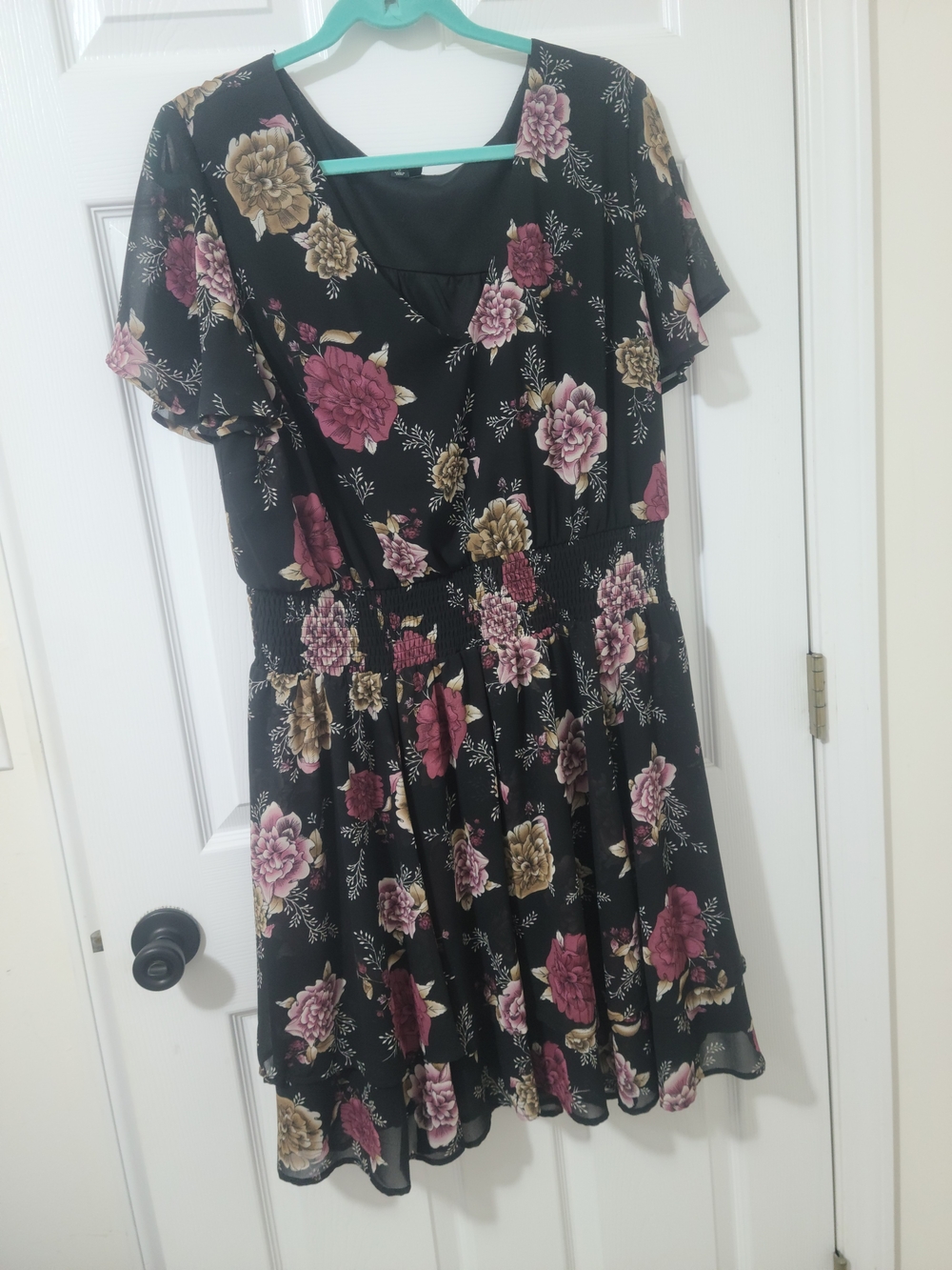 Floral Black Short Sleeve Skater Dress - Burgundy & Beige Bloom